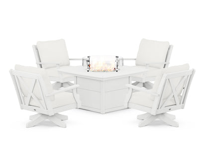 POLYWOOD® Braxton 5-Piece Deep Seating Swivel Conversation Set with Fire Pit Table in White / Natural Linen