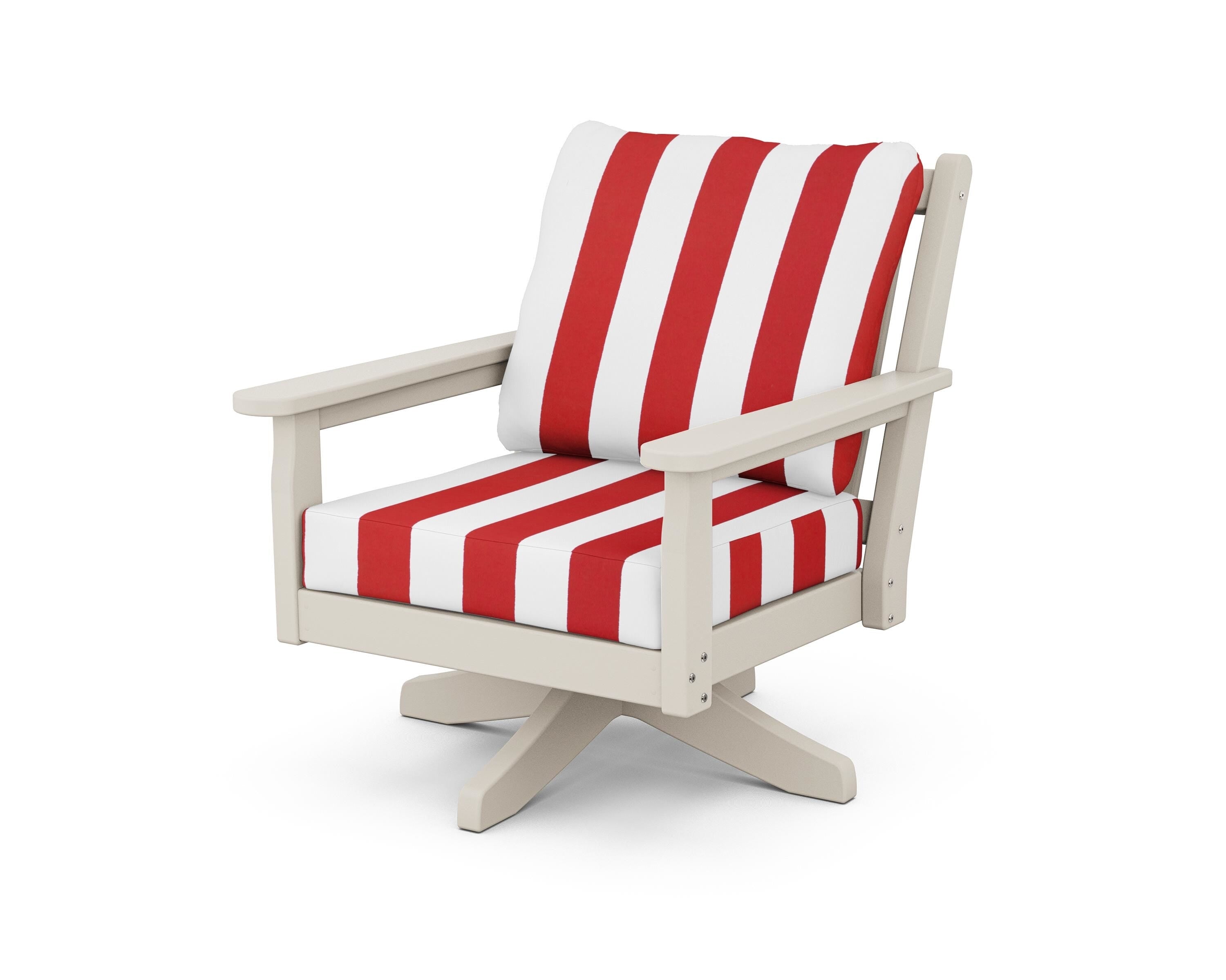 POLYWOOD® Chippendale Deep Seating Swivel Chair in Sand / Cabana Stripe Crimson