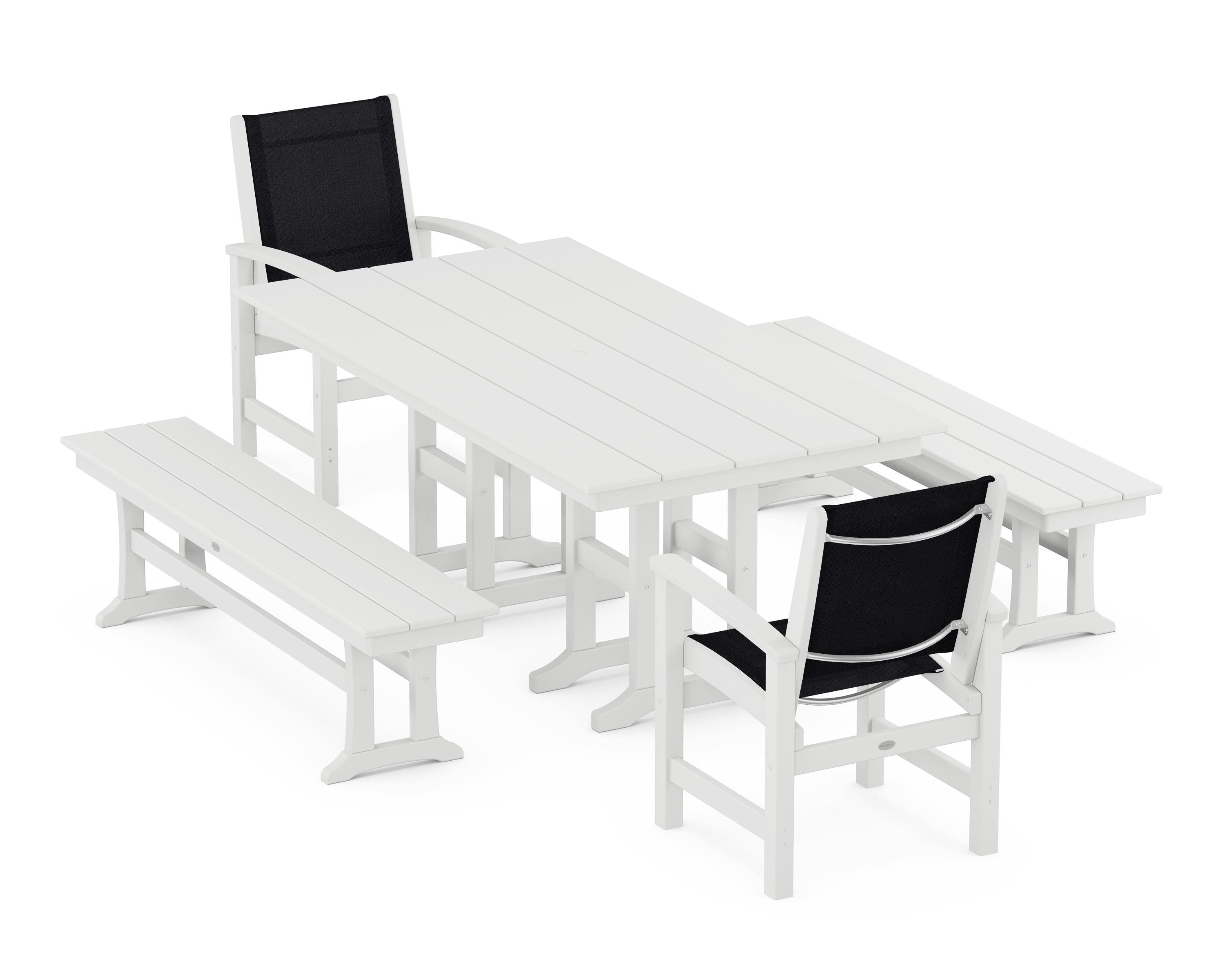 POLYWOOD® Coastal 5-Piece Farmhouse Dining Set in White / Black Sling