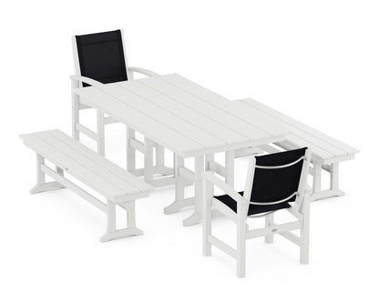 POLYWOOD® Coastal 5-Piece Farmhouse Dining Set in White / Black Sling