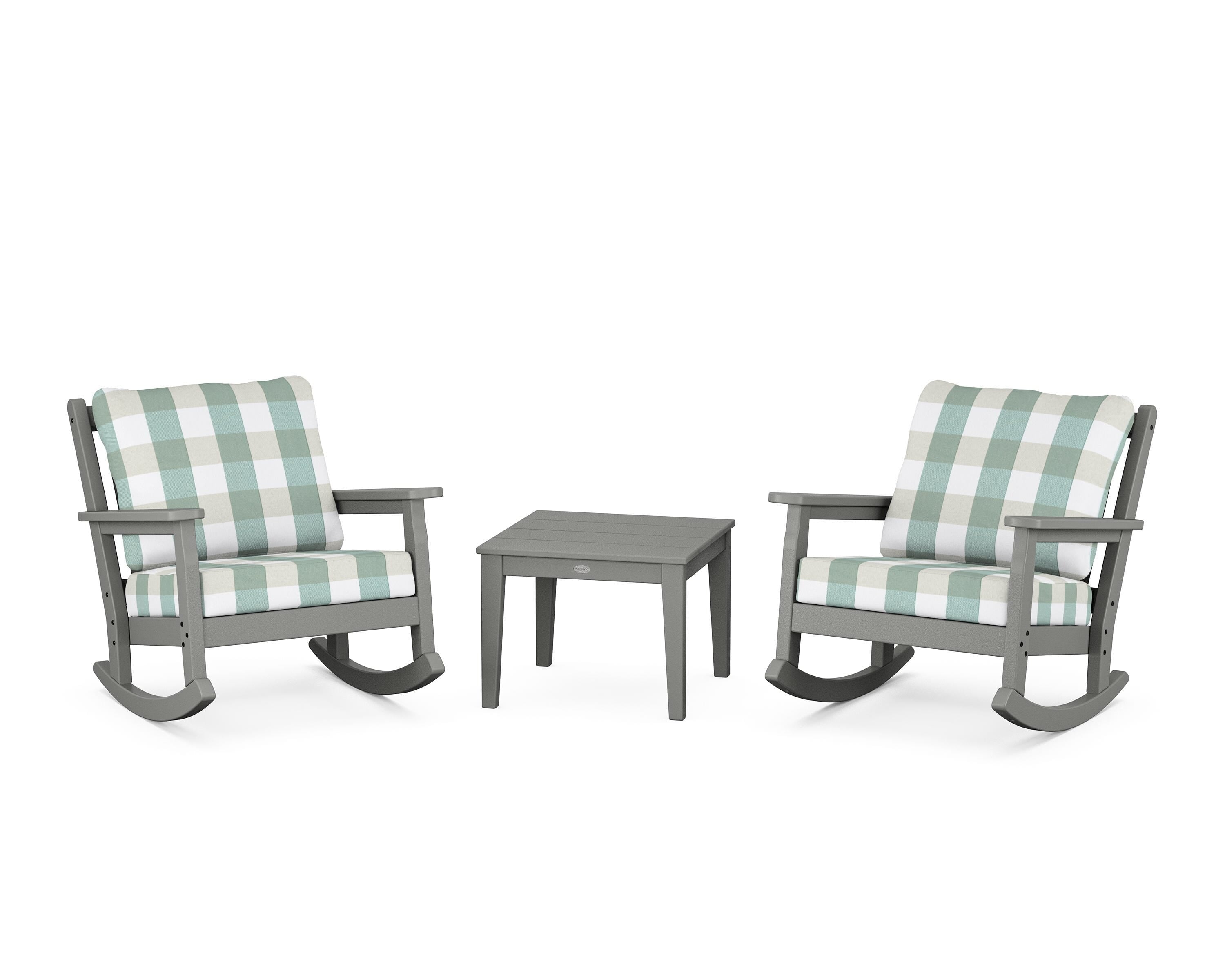 POLYWOOD® Chippendale 3-Piece Deep Seating Rocker Set in Slate Grey / Buffalo Plaid Glacier Spa