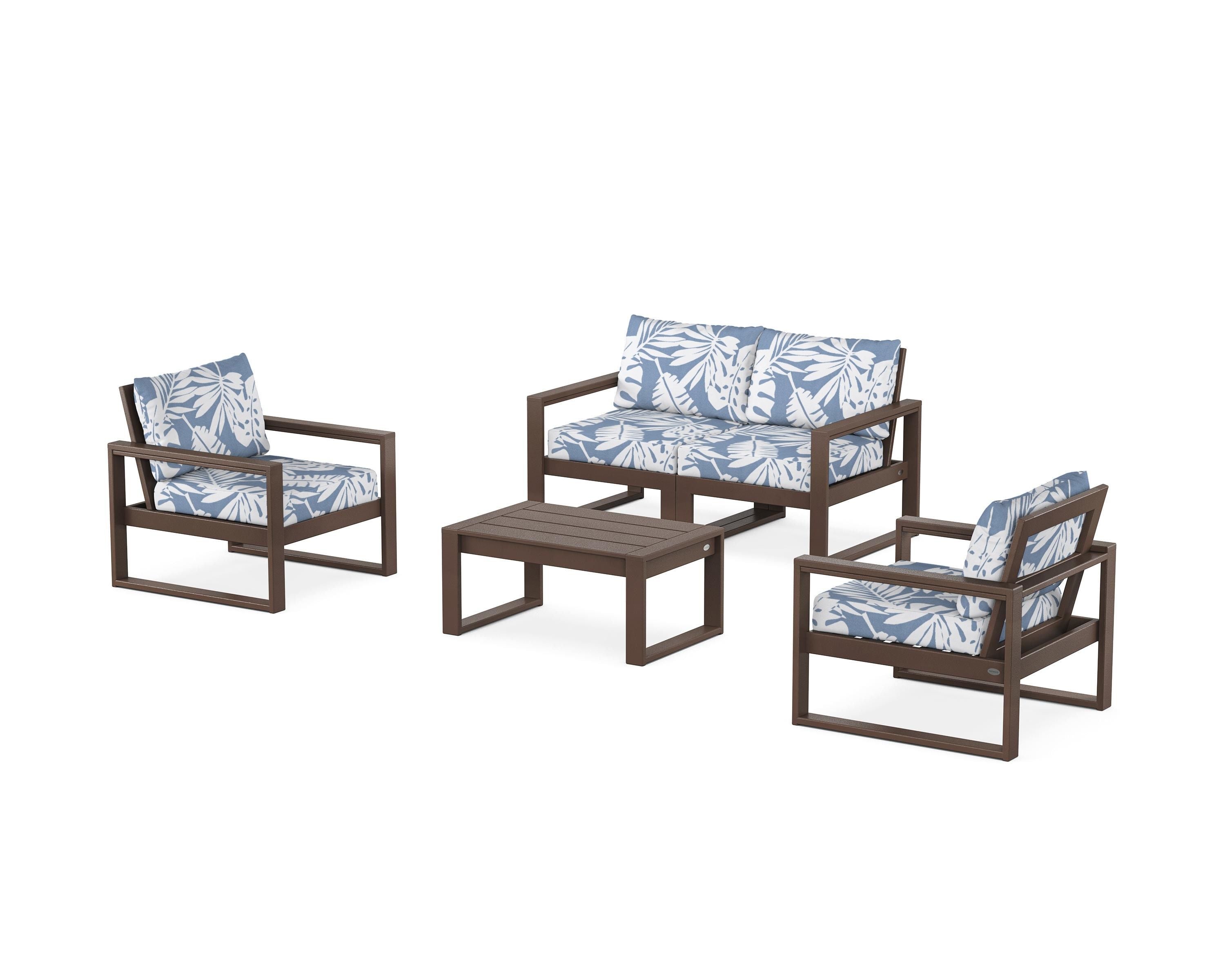 POLYWOOD® EDGE Sectional 4-Piece Deep Seating Set with Loveseat in Mahogany / Leaf Sky Blue