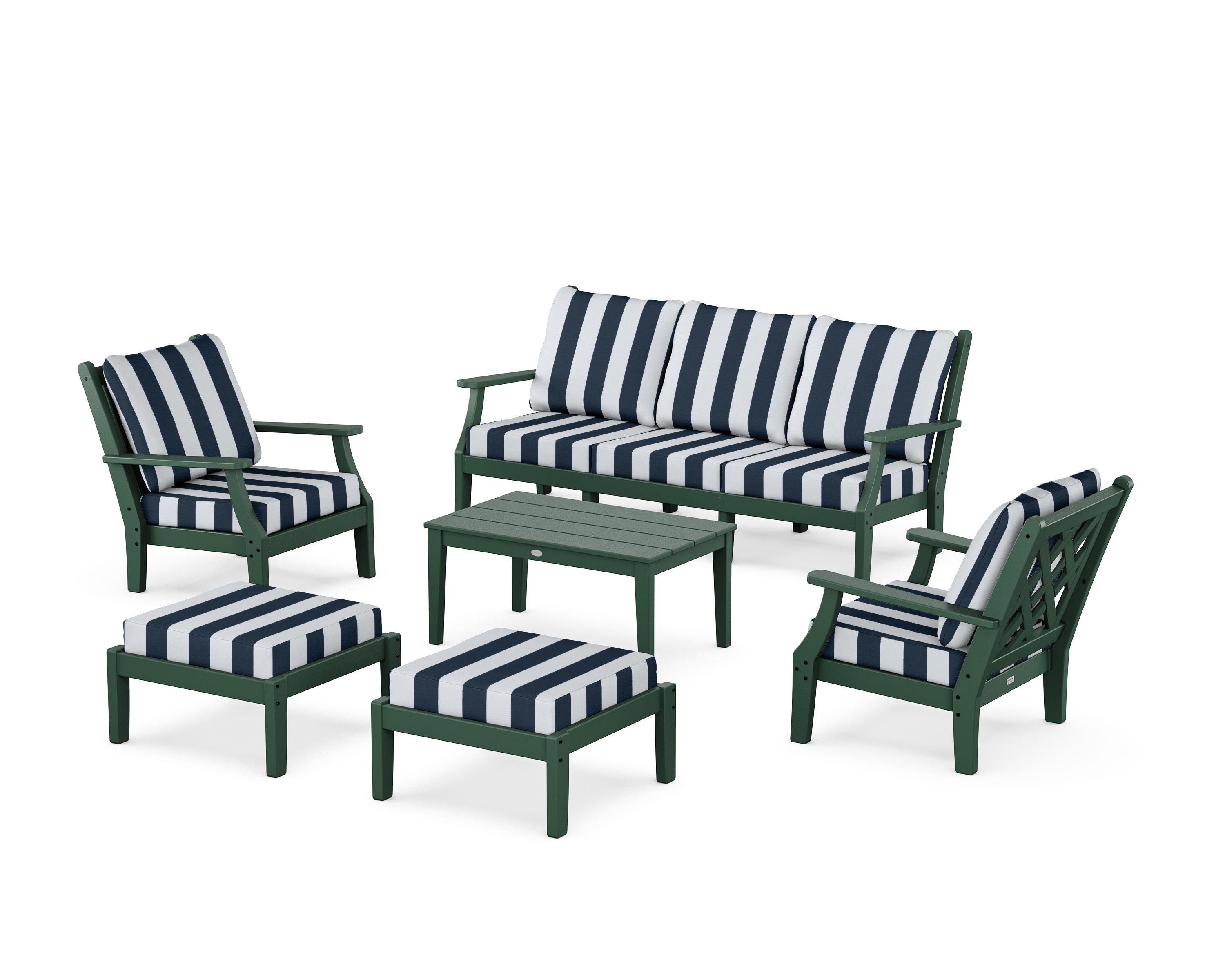 Country Living Wovendale 6-Piece Lounge Sofa Set in Green / Cabana Stripe Marine Indigo