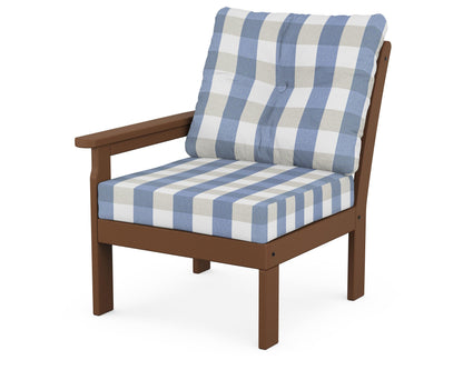 POLYWOOD® Vineyard Modular Left Arm Chair in Teak / Buffalo Plaid Sky Blue