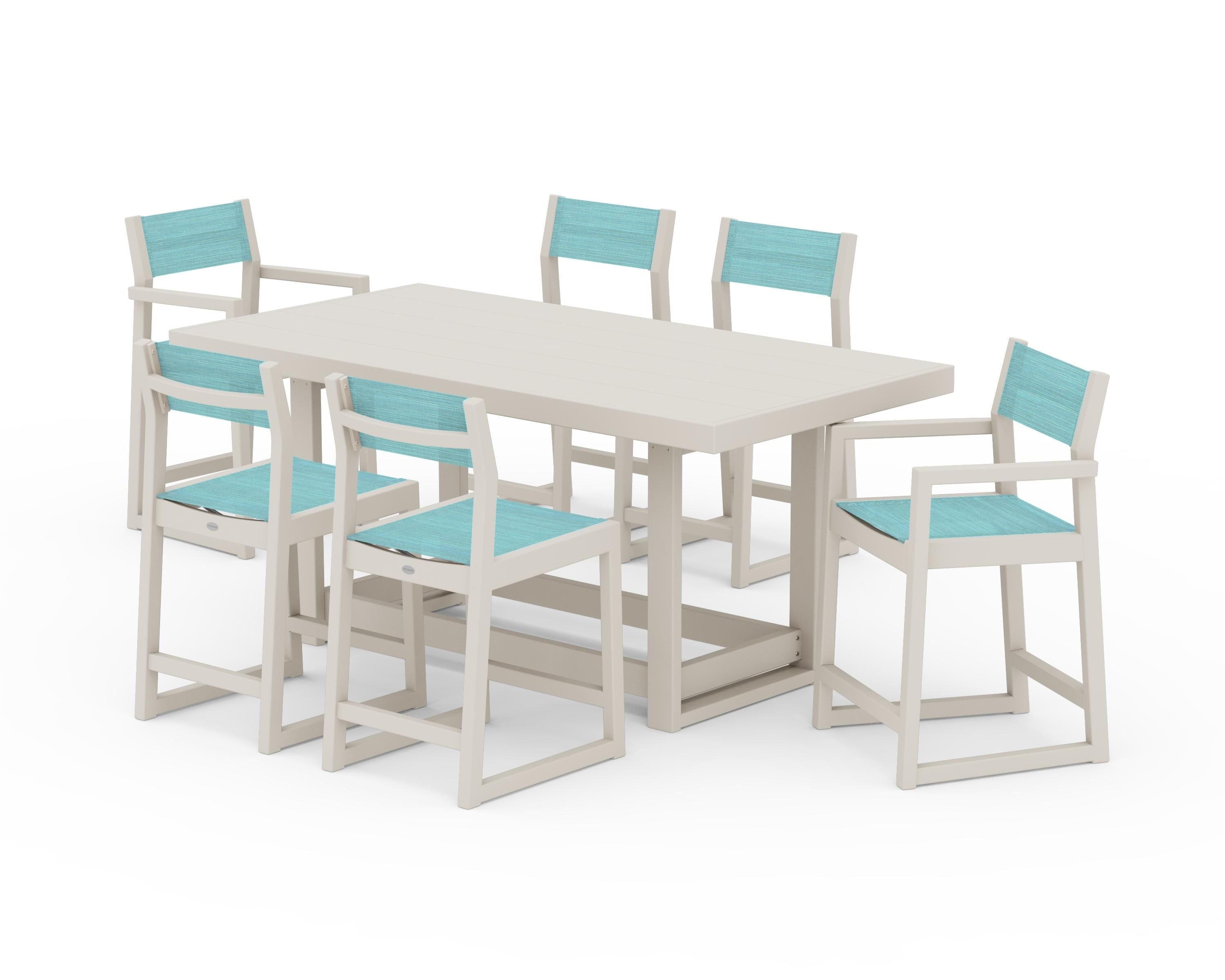 POLYWOOD® EDGE Sling 7-Piece Counter Table Set in Sand / Dupioni Aquamarine Sling