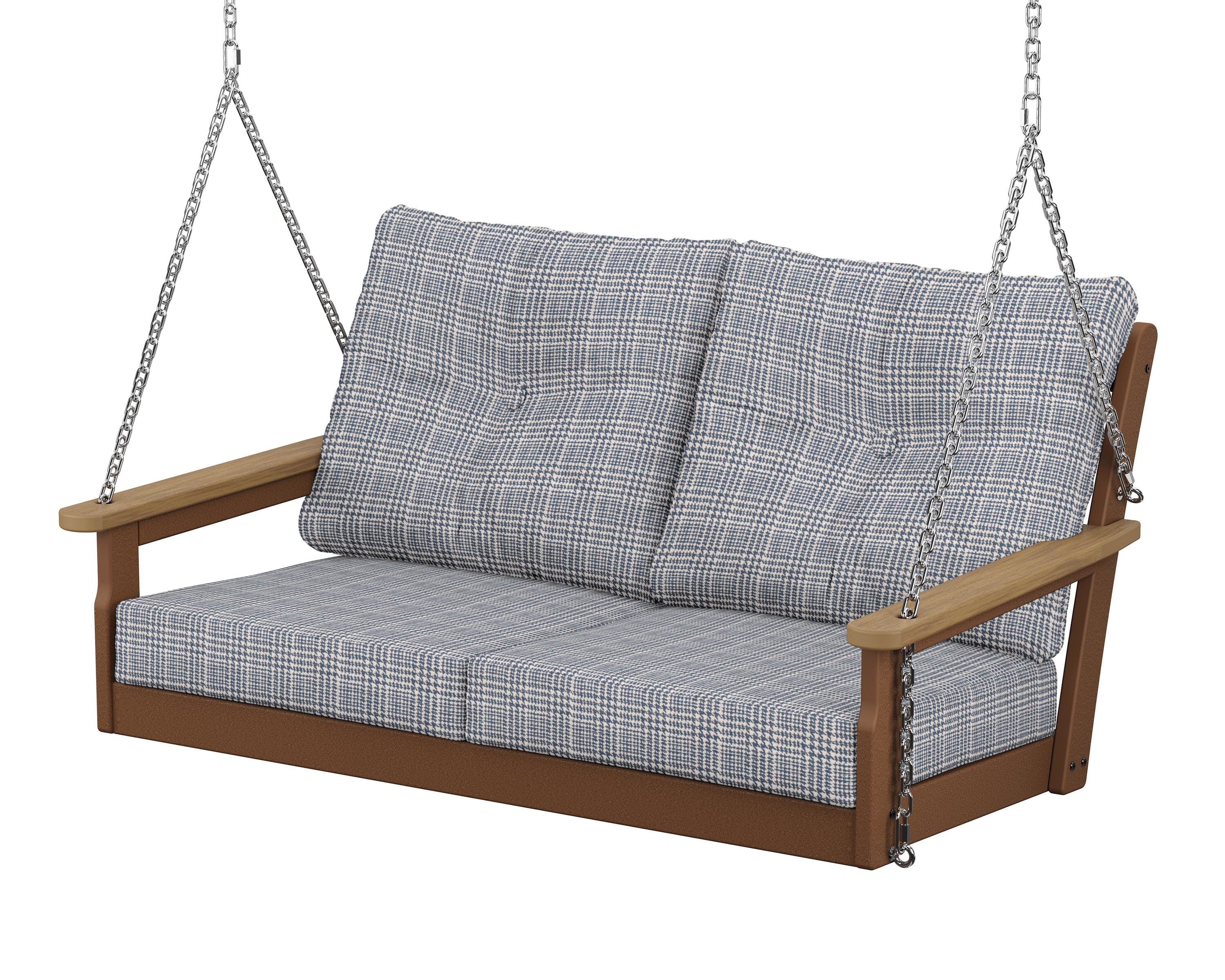 POLYWOOD® Vineyard Deep Seating Swing in Teak / Natural / Houndstooth Sky Blue