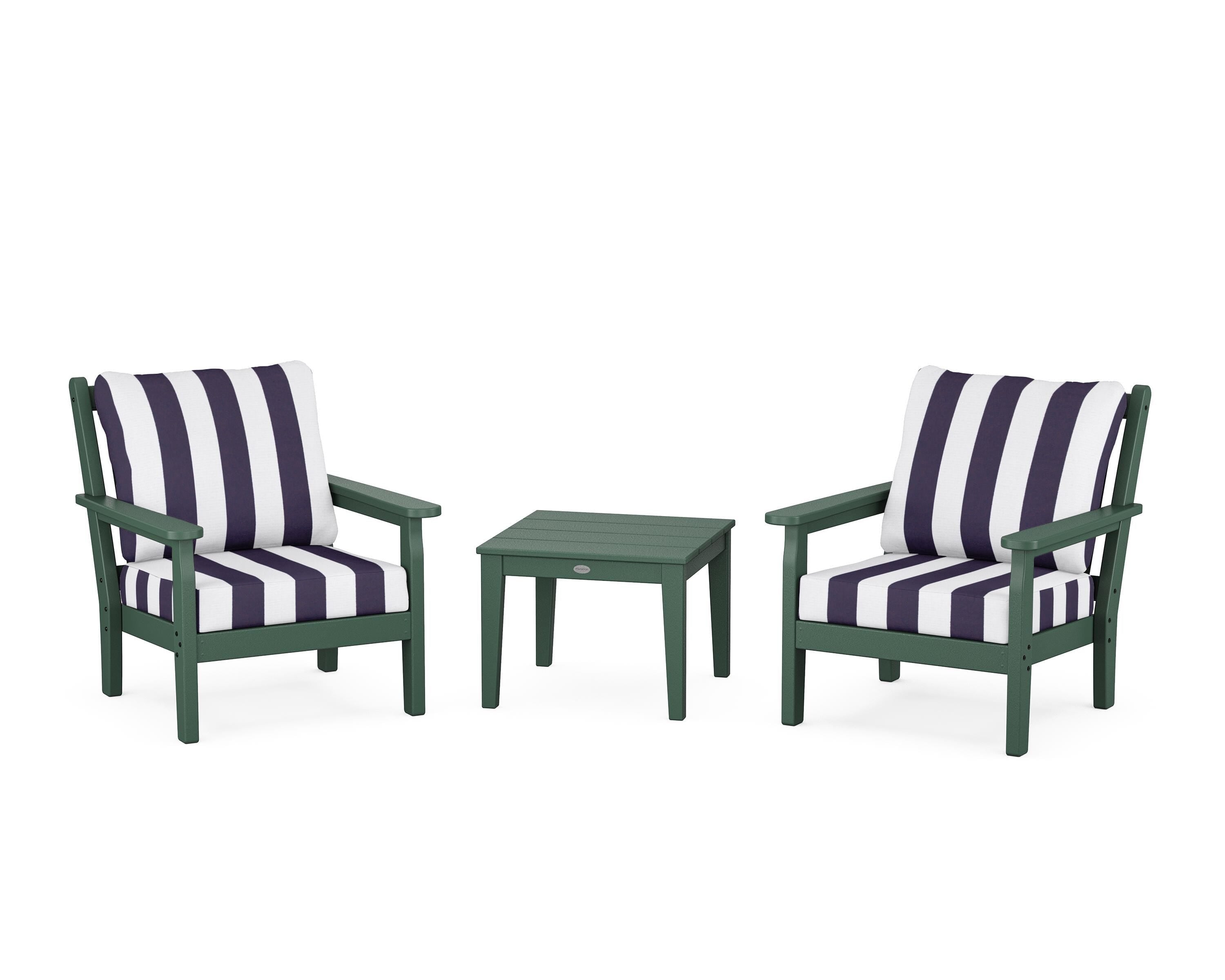 POLYWOOD® Chippendale 3-Piece Deep Seating Set in Green / Cabana Stripe Navy