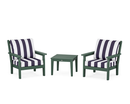 POLYWOOD® Chippendale 3-Piece Deep Seating Set in Green / Cabana Stripe Navy