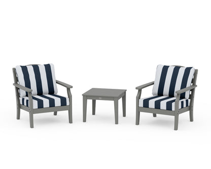 Draper James™ by  POLYWOOD® Savannah 3-Piece Deep Seating Set in Slate Grey / Cabana Stripe Marine Indigo