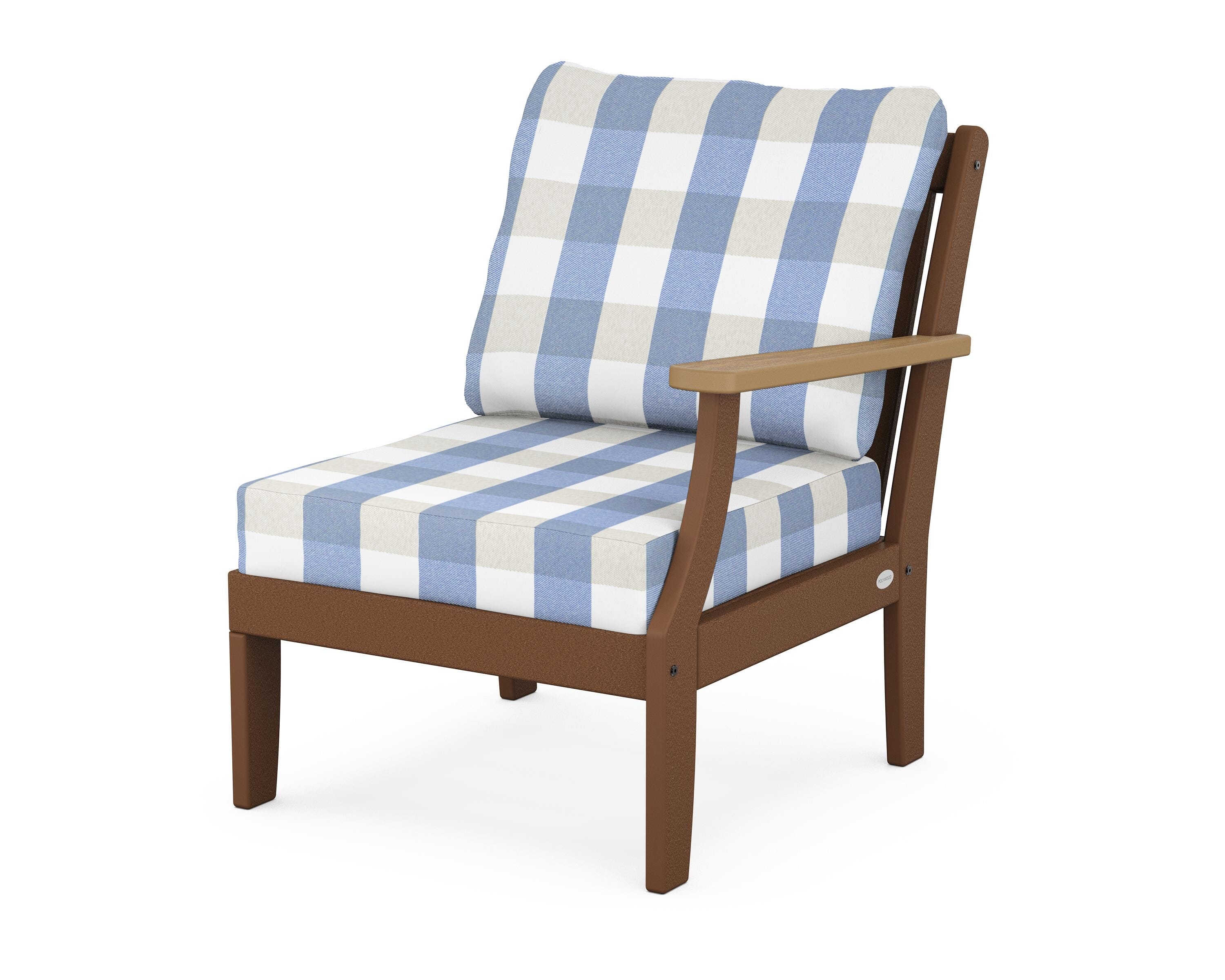 POLYWOOD® Braxton Modular Right Arm Chair in Teak / Natural / Buffalo Plaid Sky Blue
