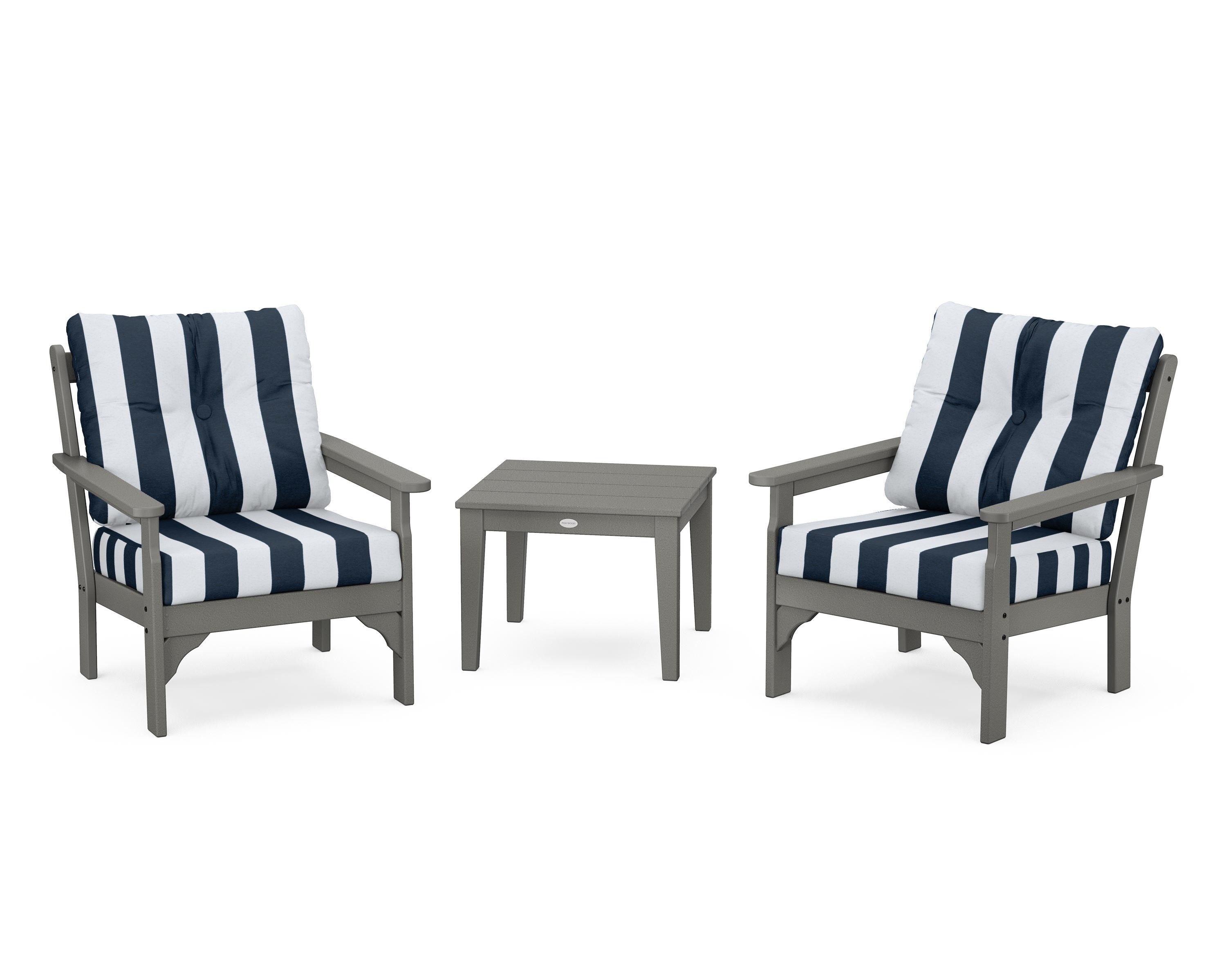 POLYWOOD® Vineyard 3-Piece Deep Seating Set in Slate Grey / Cabana Stripe Marine Indigo