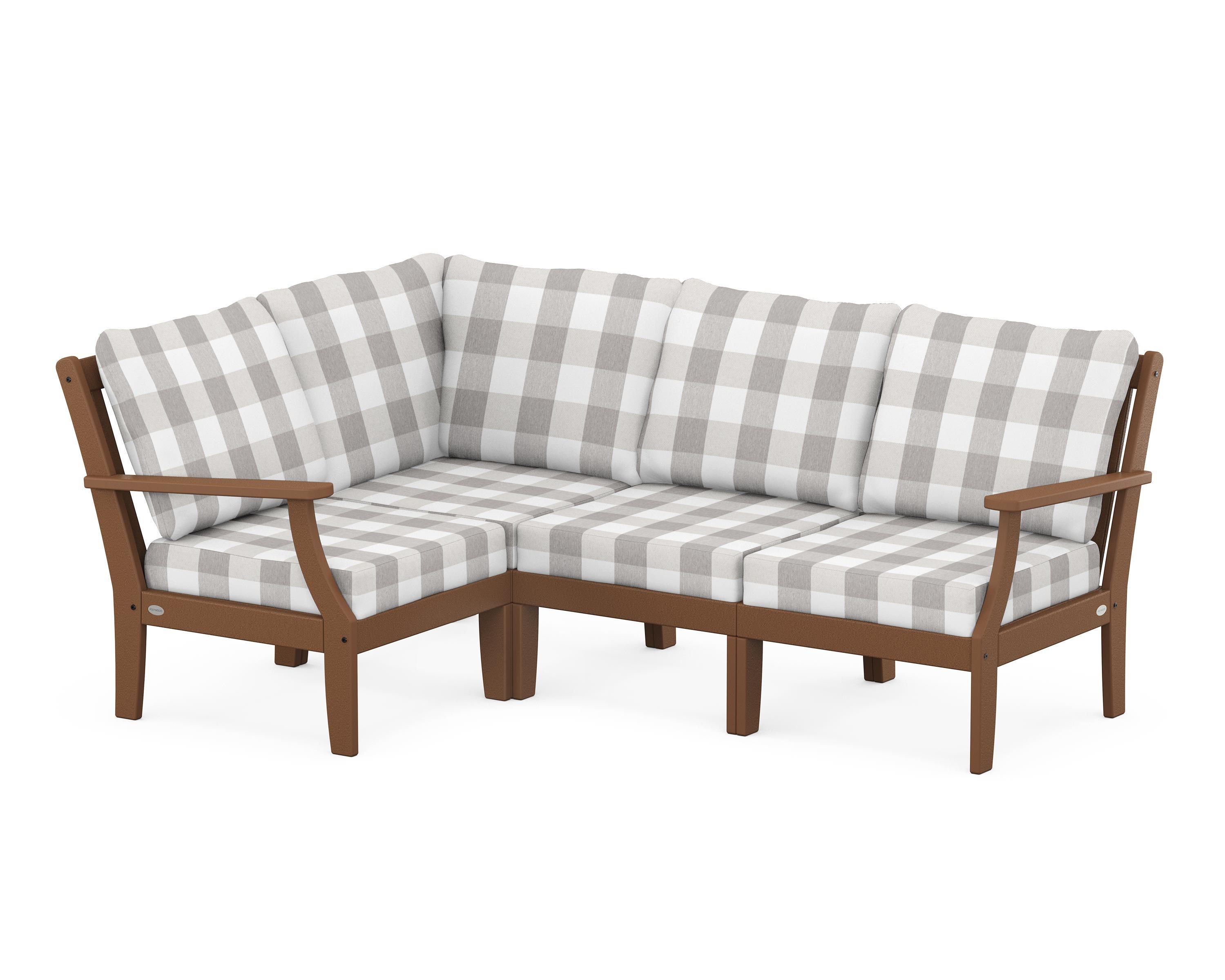 POLYWOOD® Braxton Modular 4-Piece Deep Seating Set in Teak / Buffalo Plaid Grey Mist