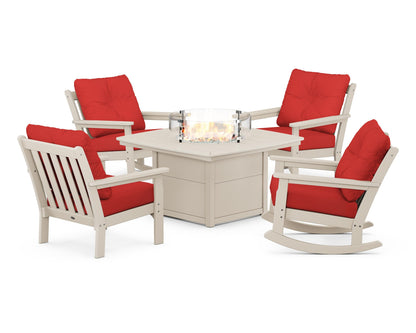 POLYWOOD® Vineyard 5-Piece Deep Seating Rocking Chair Conversation Set with Fire Pit Table in Sand / Crimson Linen