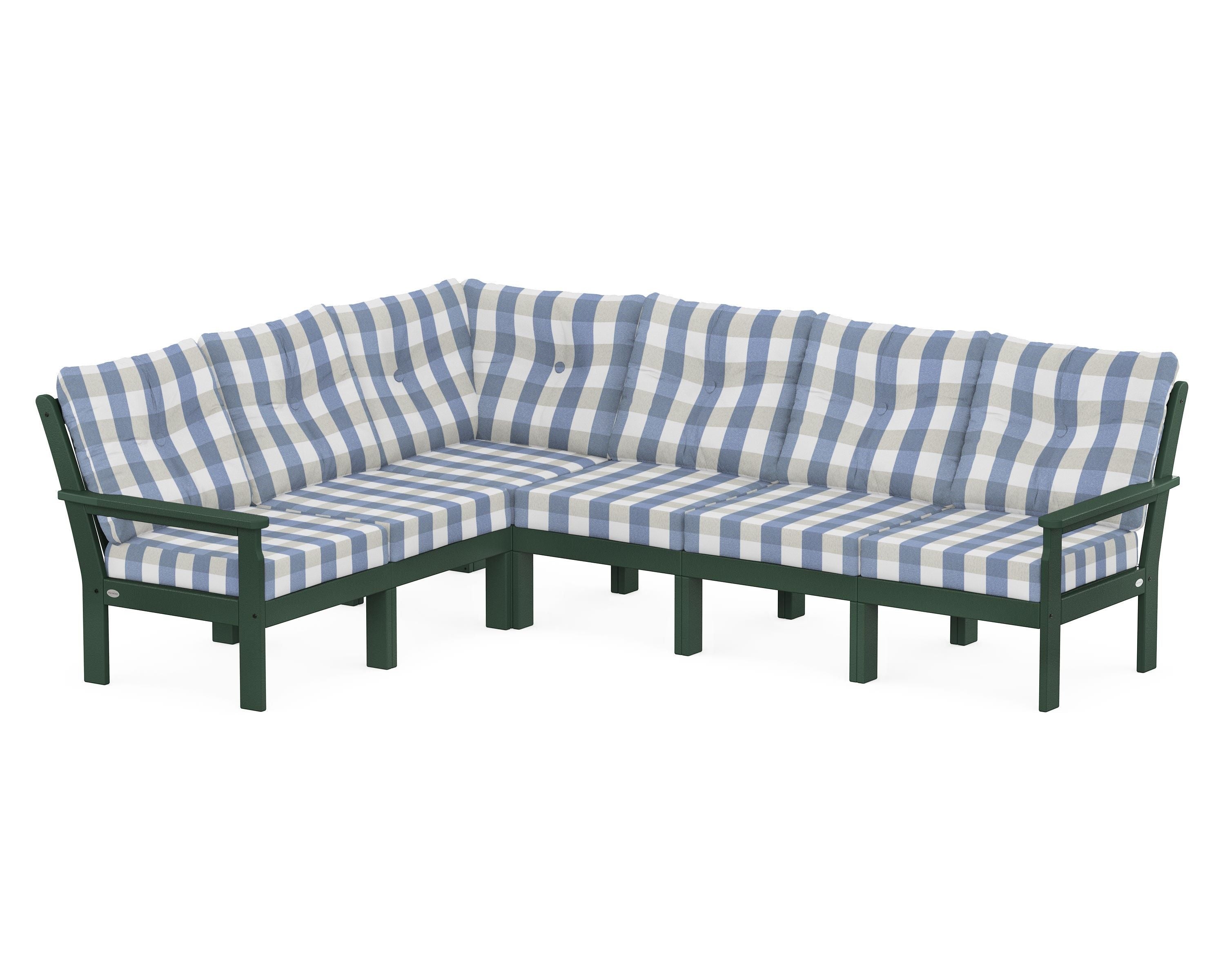POLYWOOD® Vineyard 6-Piece Sectional in Green / Buffalo Plaid Sky Blue
