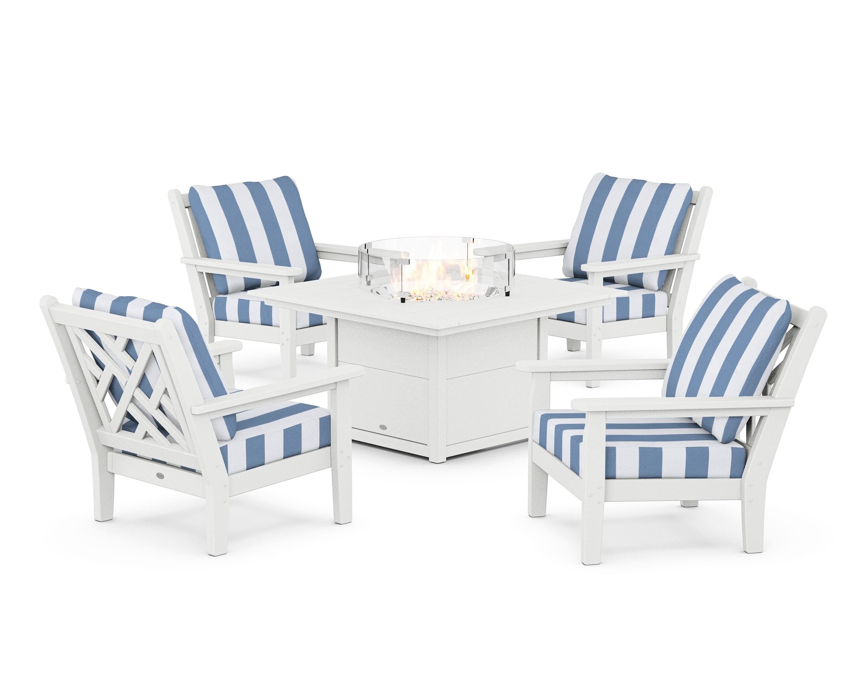 POLYWOOD® Chippendale 5-Piece Deep Seating Set with Fire Pit Table in White / Cabana Stripe Sky Blue