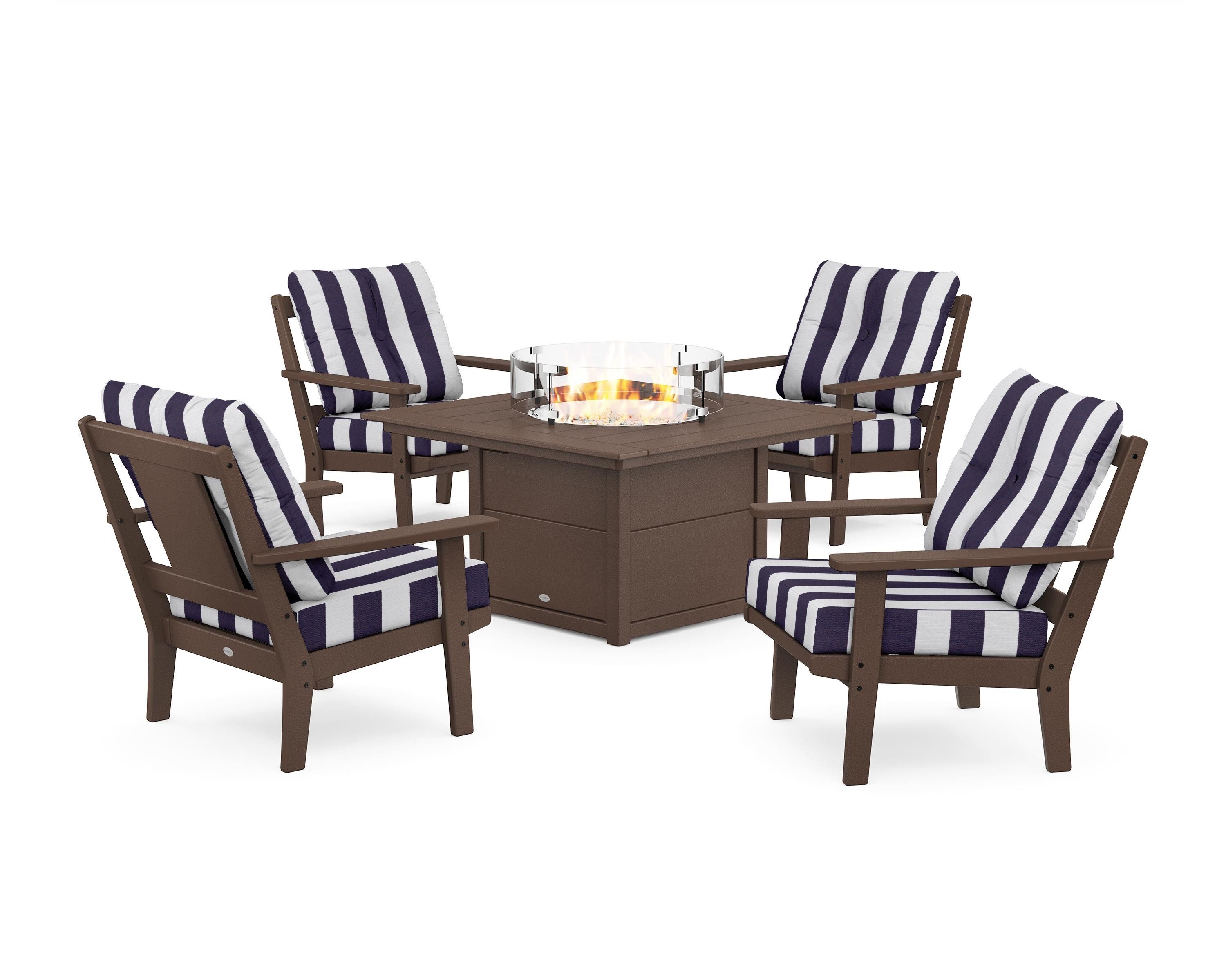 POLYWOOD® Prairie 5-Piece Deep Seating Set with Fire Pit Table in Mahogany / Cabana Stripe Navy