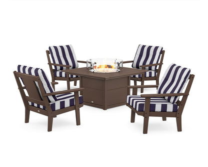 POLYWOOD® Prairie 5-Piece Deep Seating Set with Fire Pit Table in Mahogany / Cabana Stripe Navy