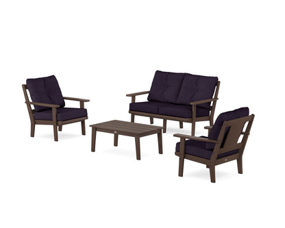 POLYWOOD® Prairie 4-Piece Deep Seating Set with Loveseat in Mahogany / Navy Linen