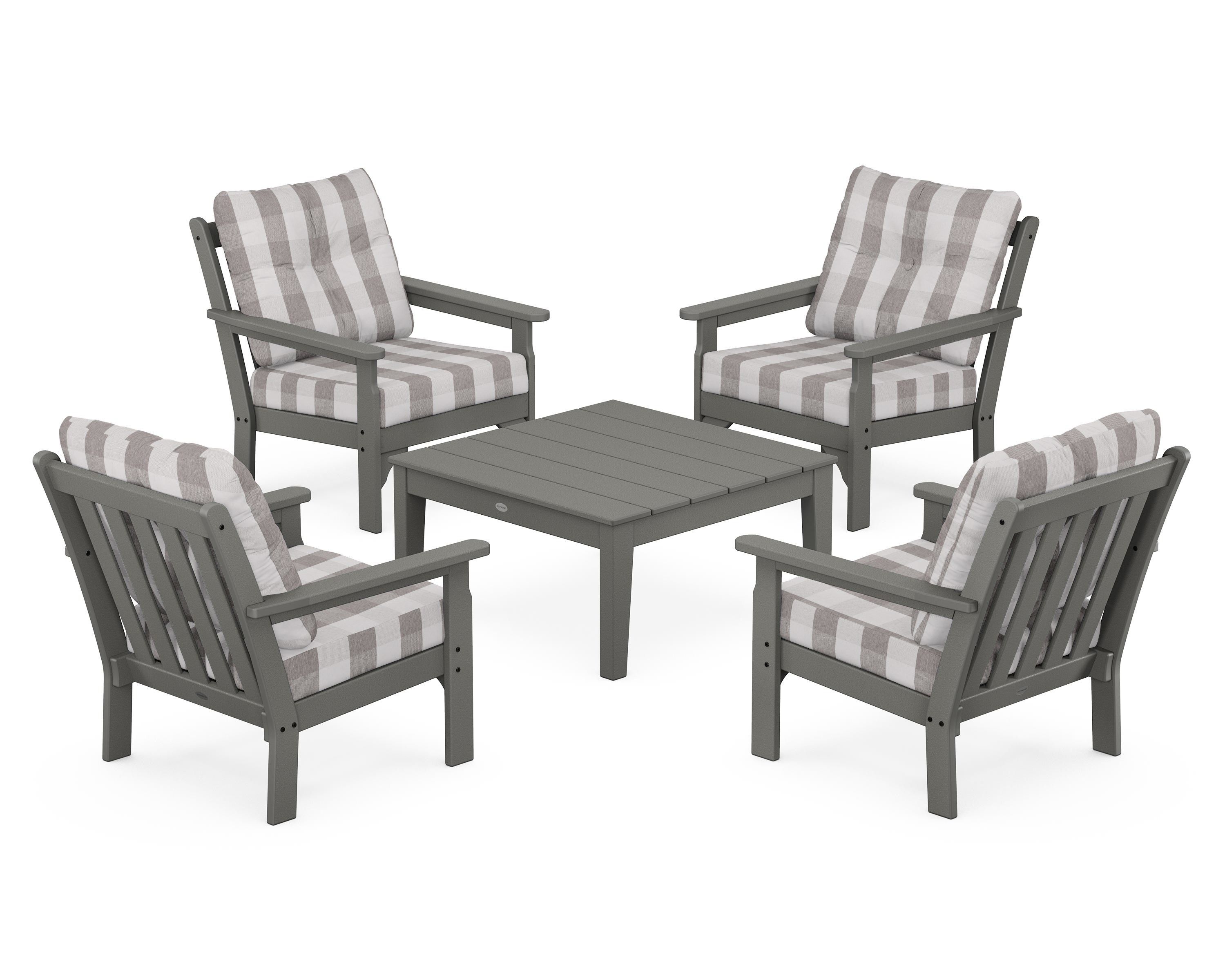 POLYWOOD® Vineyard 5-Piece Deep Seating Conversation Set in Slate Grey / Buffalo Plaid Grey Mist