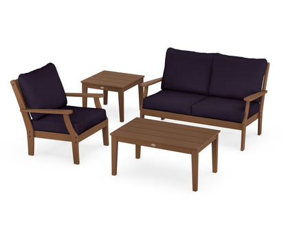 POLYWOOD® Braxton 4-Piece Deep Seating Set in Teak / Navy Linen