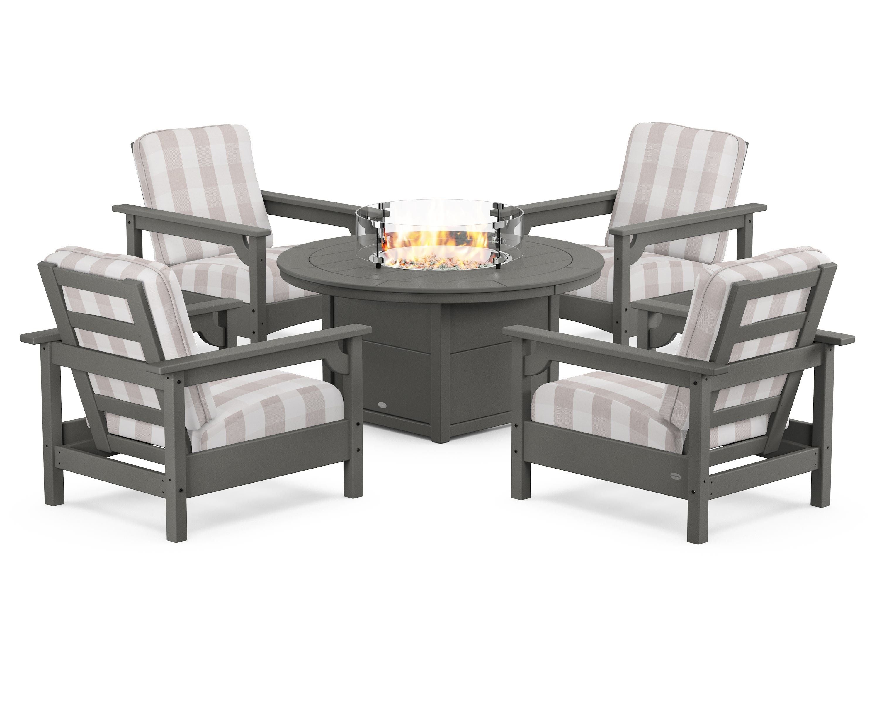 POLYWOOD® Club 5-Piece Conversation Set with Fire Pit Table in Slate Grey / Buffalo Plaid Dune Burlap