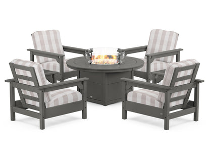 POLYWOOD® Club 5-Piece Conversation Set with Fire Pit Table in Slate Grey / Buffalo Plaid Dune Burlap