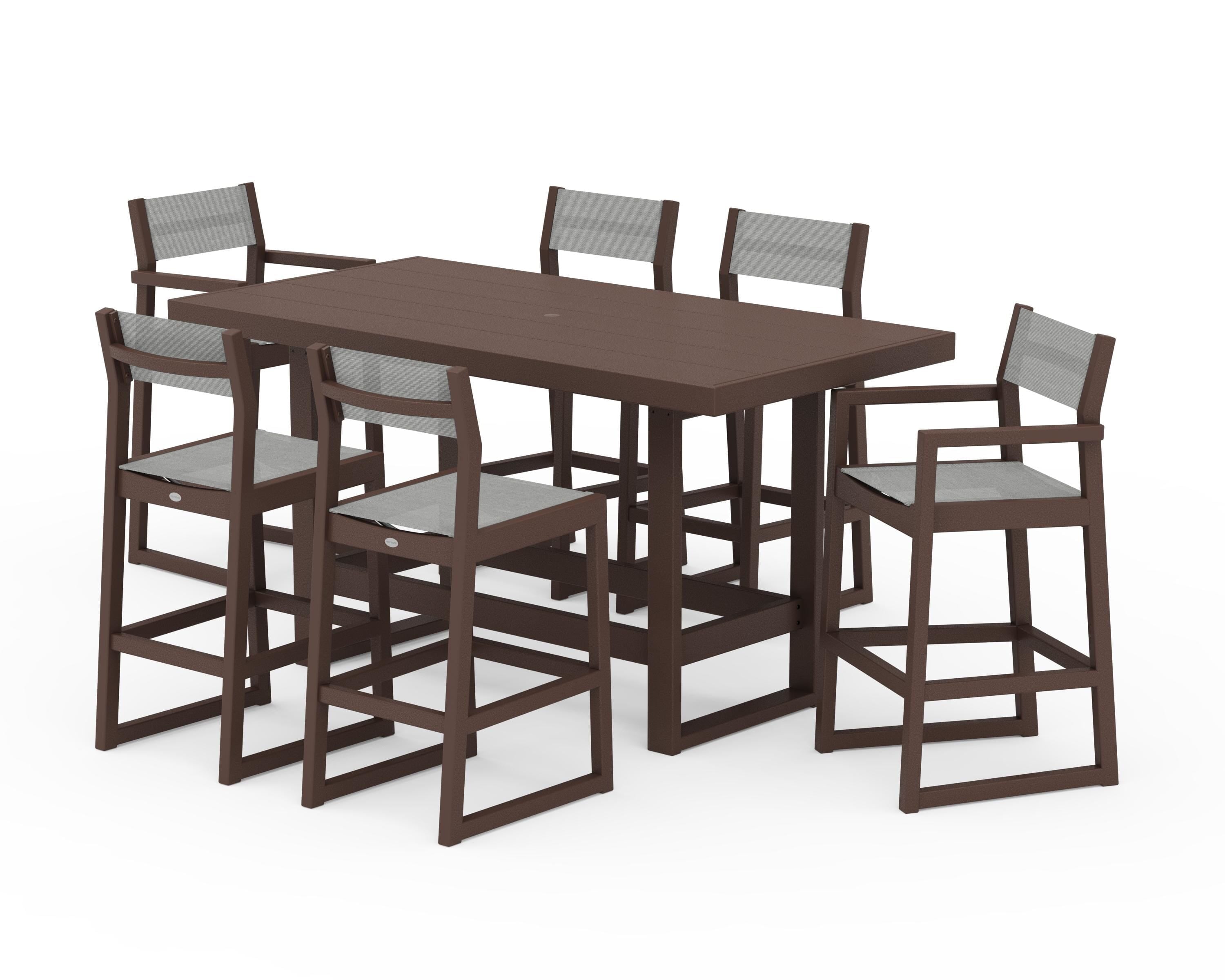 POLYWOOD® EDGE Sling 7-Piece Bar Table Set in Mahogany / Metallic Sling