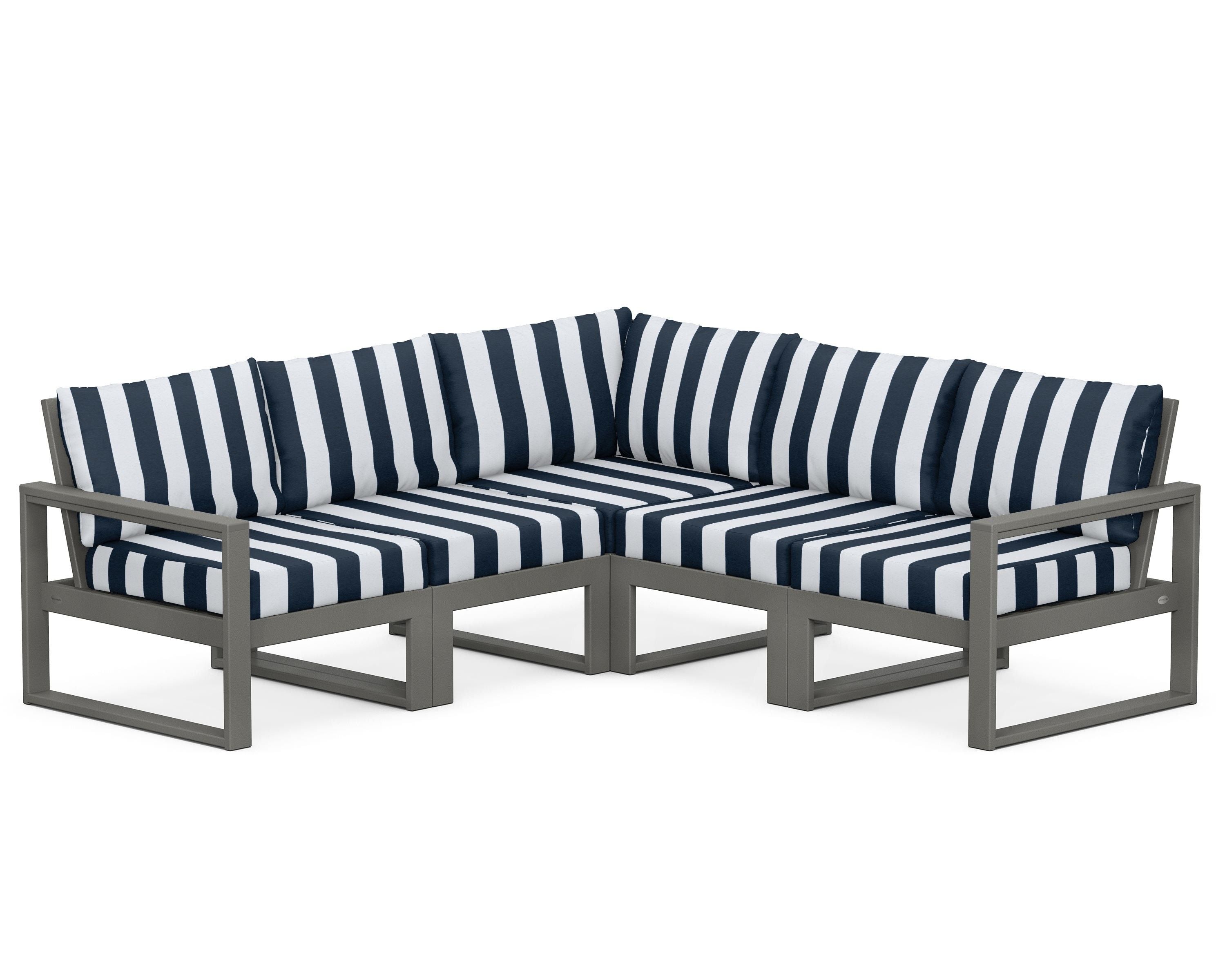 POLYWOOD® EDGE 5-Piece Modular Deep Seating Set in Slate Grey / Cabana Stripe Marine Indigo