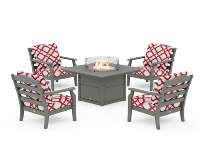 Draper James™ by  POLYWOOD® Savannah 5-Piece Deep Seating Set with Fire Pit Table in Slate Grey / Trellis Crimson