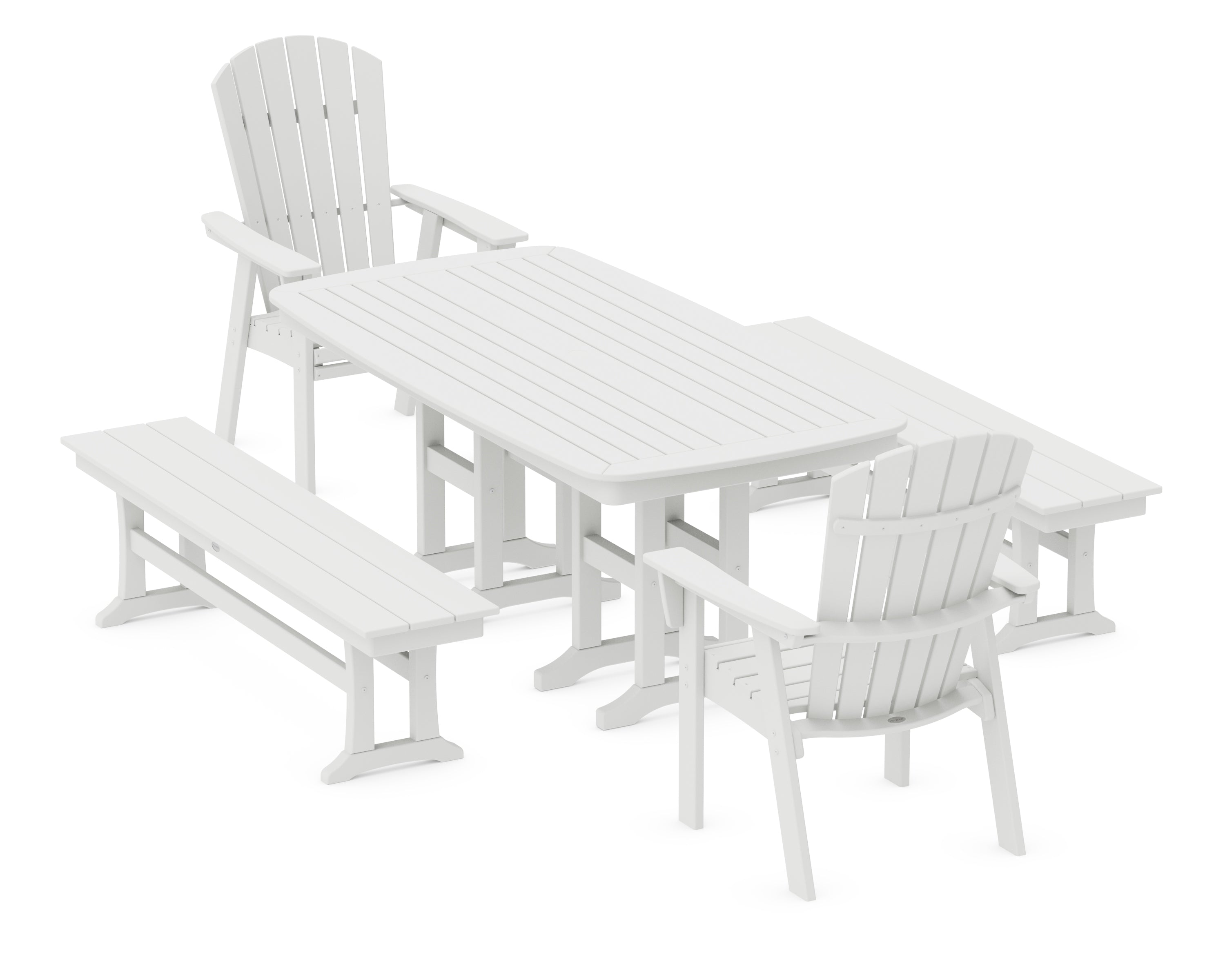 POLYWOOD® Nautical Curveback Adirondack 5-Piece Dining Set with Benches in White