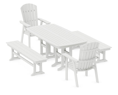 POLYWOOD® Nautical Curveback Adirondack 5-Piece Dining Set with Benches in White
