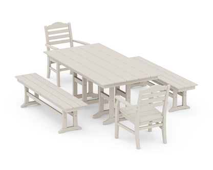 POLYWOOD® Savannah 5-Piece Farmhouse Dining Set with Benches in Sand