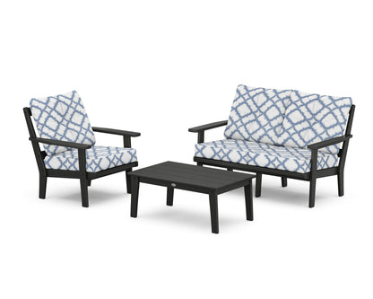 POLYWOOD® Prairie 3-Piece Deep Seating Set with Loveseat in Black / Trellis Sky Blue