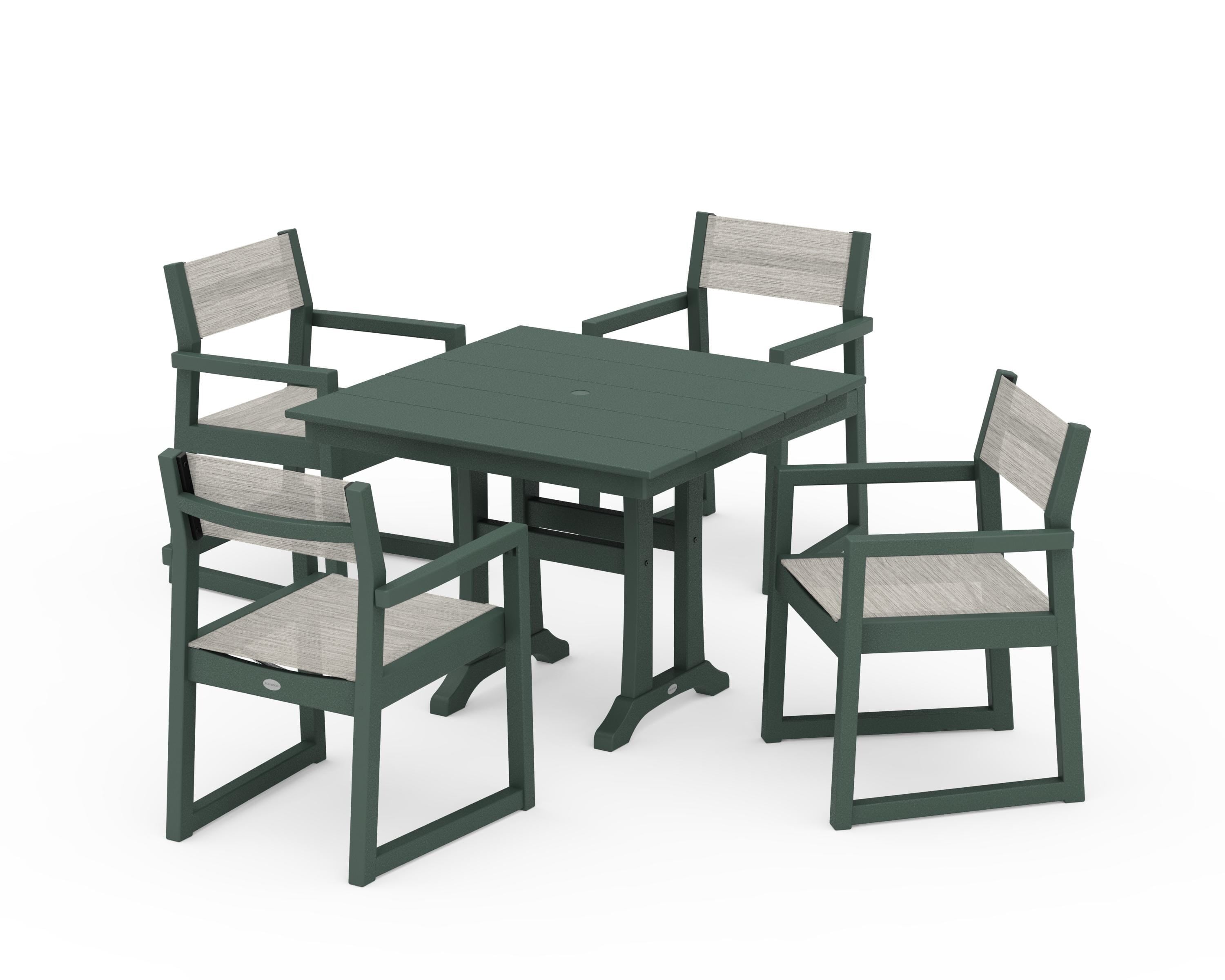 POLYWOOD® EDGE Sling 5-Piece Farmhouse Dining Set with Trestle Legs in Green / Birch Sling
