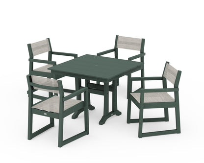 POLYWOOD® EDGE Sling 5-Piece Farmhouse Dining Set with Trestle Legs in Green / Birch Sling