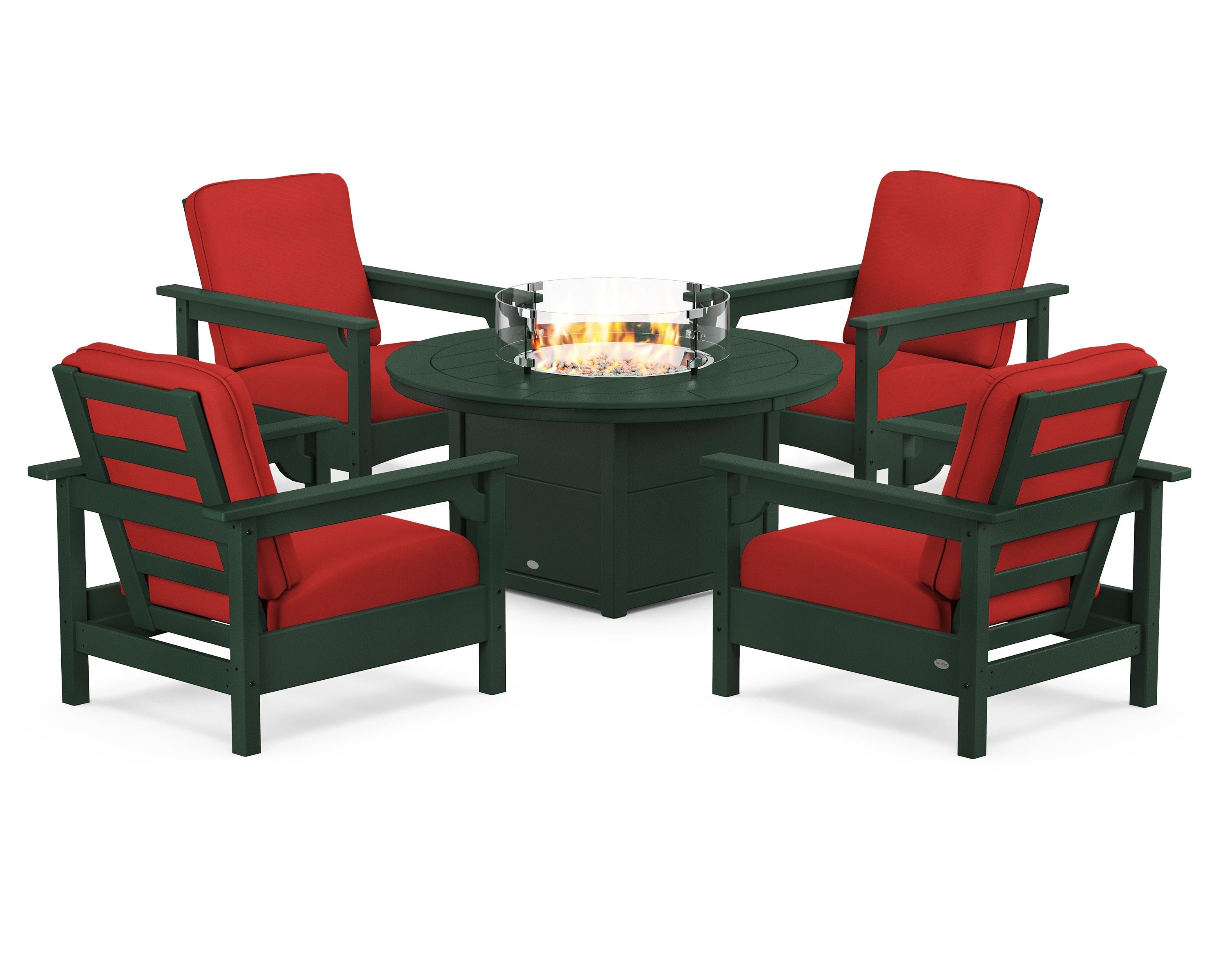 POLYWOOD® Club 5-Piece Conversation Set with Fire Pit Table in Green / Crimson Linen