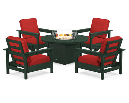 POLYWOOD® Club 5-Piece Conversation Set with Fire Pit Table in Green / Crimson Linen