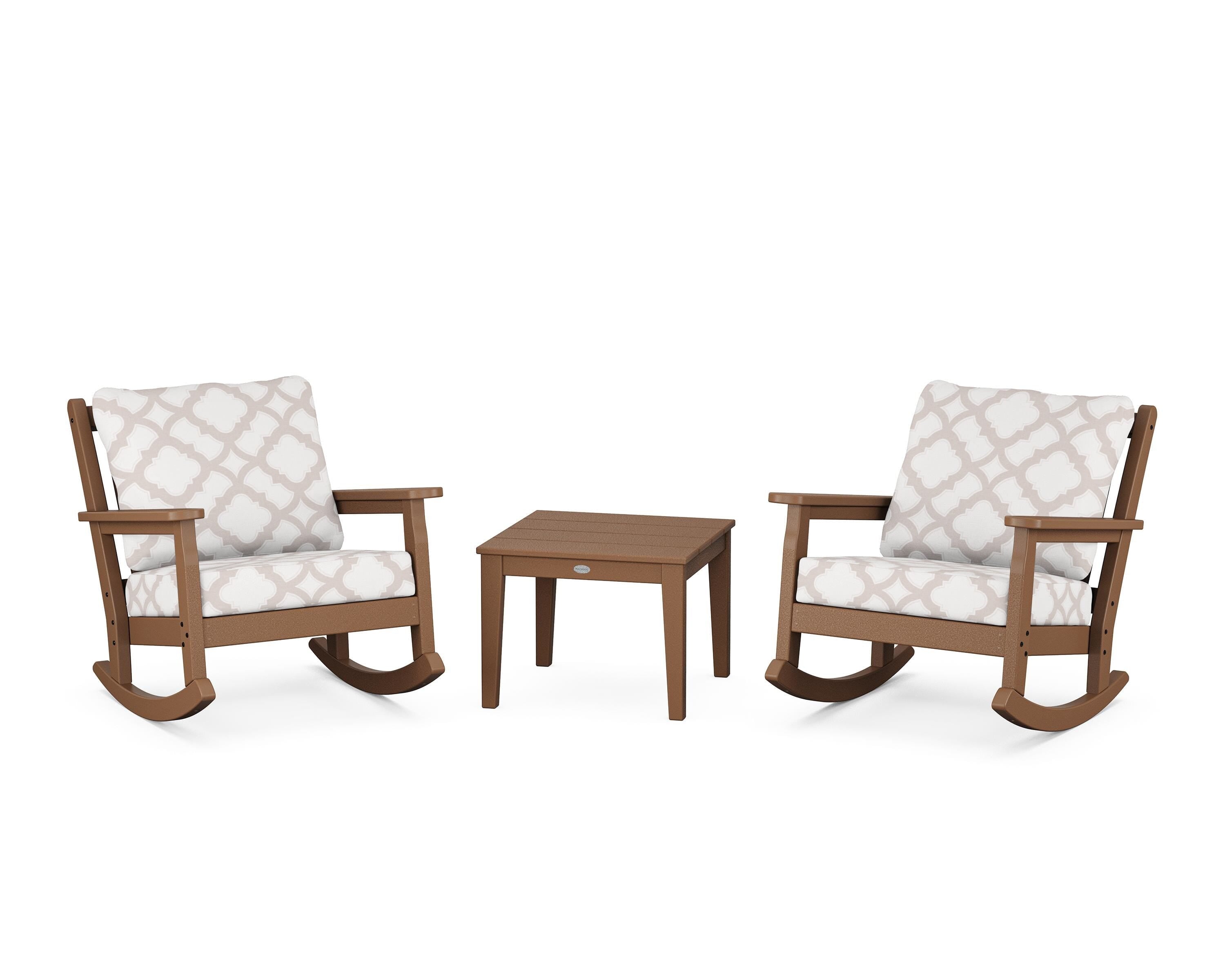 POLYWOOD® Chippendale 3-Piece Deep Seating Rocker Set in Teak / Trellis Dune Burlap
