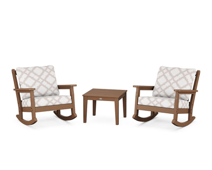 POLYWOOD® Chippendale 3-Piece Deep Seating Rocker Set in Teak / Trellis Dune Burlap
