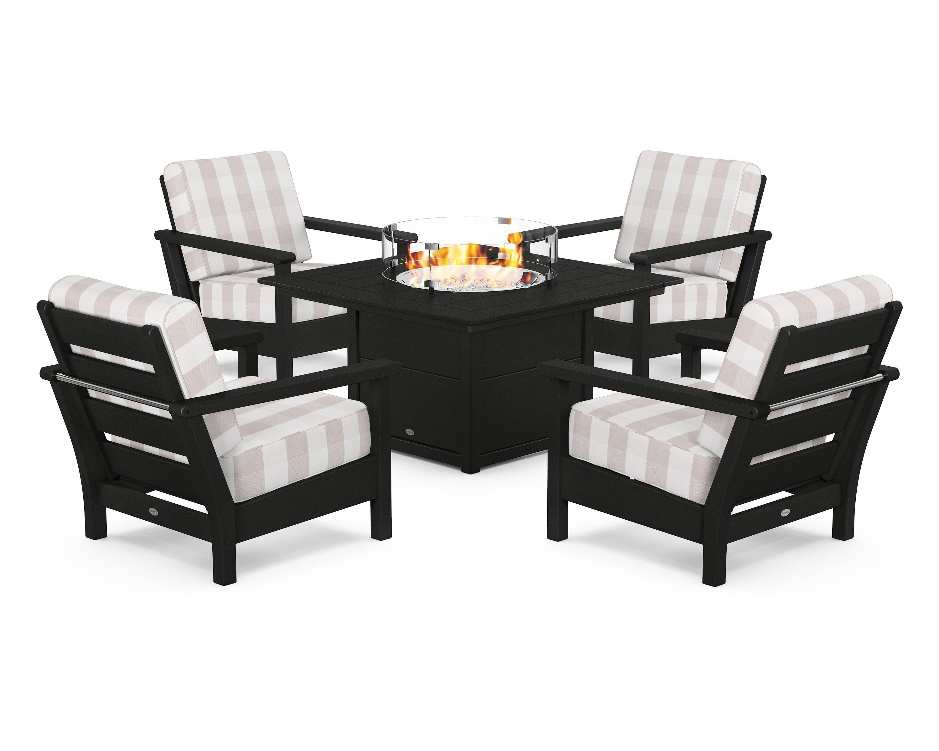 POLYWOOD® Harbour 5-Piece Conversation Set with Fire Pit Table in Black / Buffalo Plaid Dune Burlap