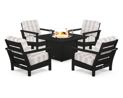 POLYWOOD® Harbour 5-Piece Conversation Set with Fire Pit Table in Black / Buffalo Plaid Dune Burlap