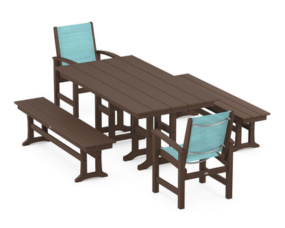 POLYWOOD® Coastal 5-Piece Farmhouse Dining Set in Mahogany / Dupioni Aquamarine Sling