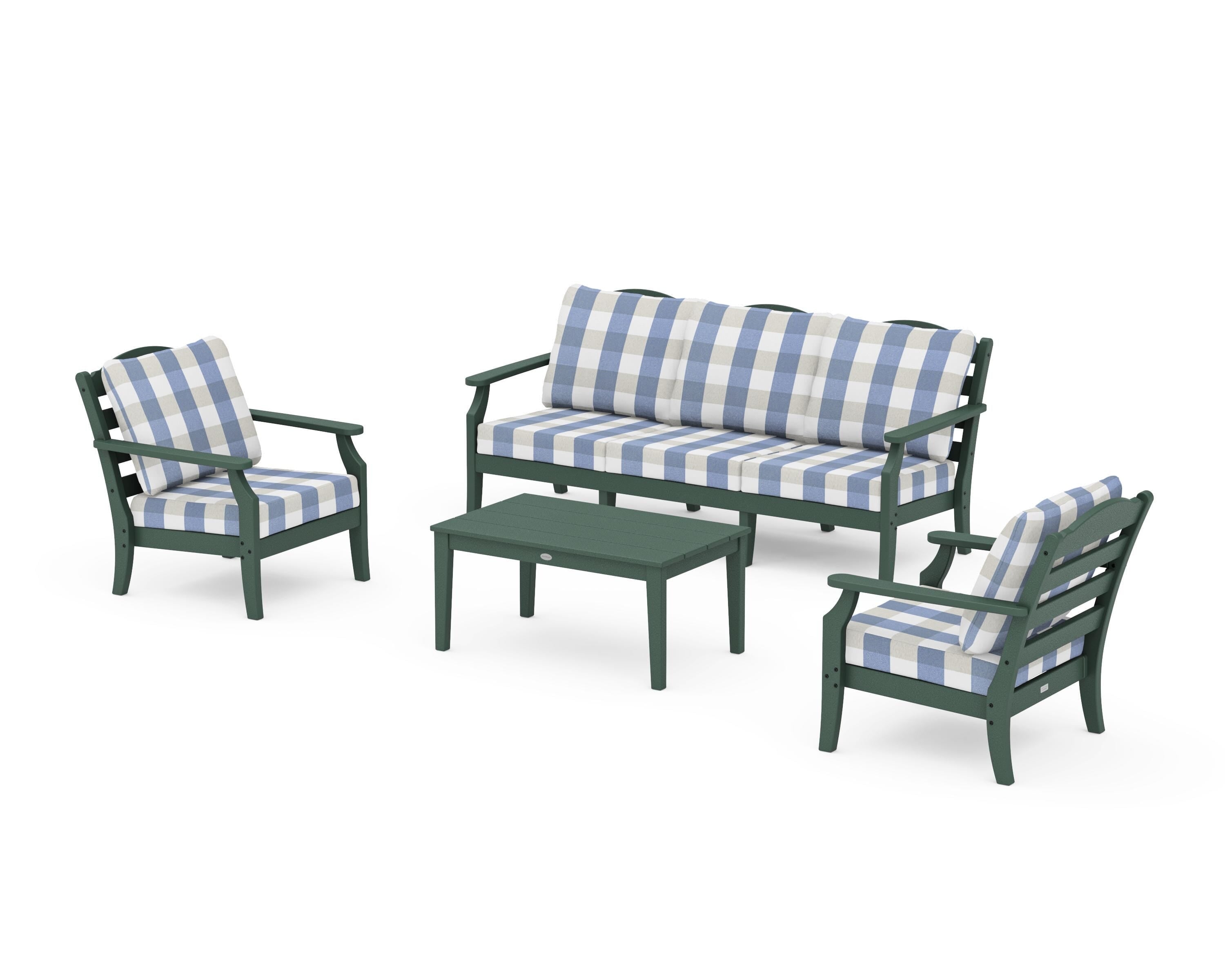 Draper James™ by  POLYWOOD® Savannah 4-Piece Deep Seating Set with Sofa in Green / Buffalo Plaid Sky Blue
