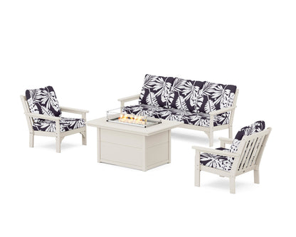 POLYWOOD® Vineyard Deep Seating Fire Pit Table Set in Sand / Leaf Navy