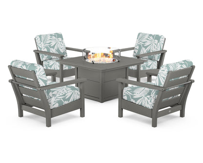 POLYWOOD® Harbour 5-Piece Conversation Set with Fire Pit Table in Slate Grey / Leaf Glacier Spa