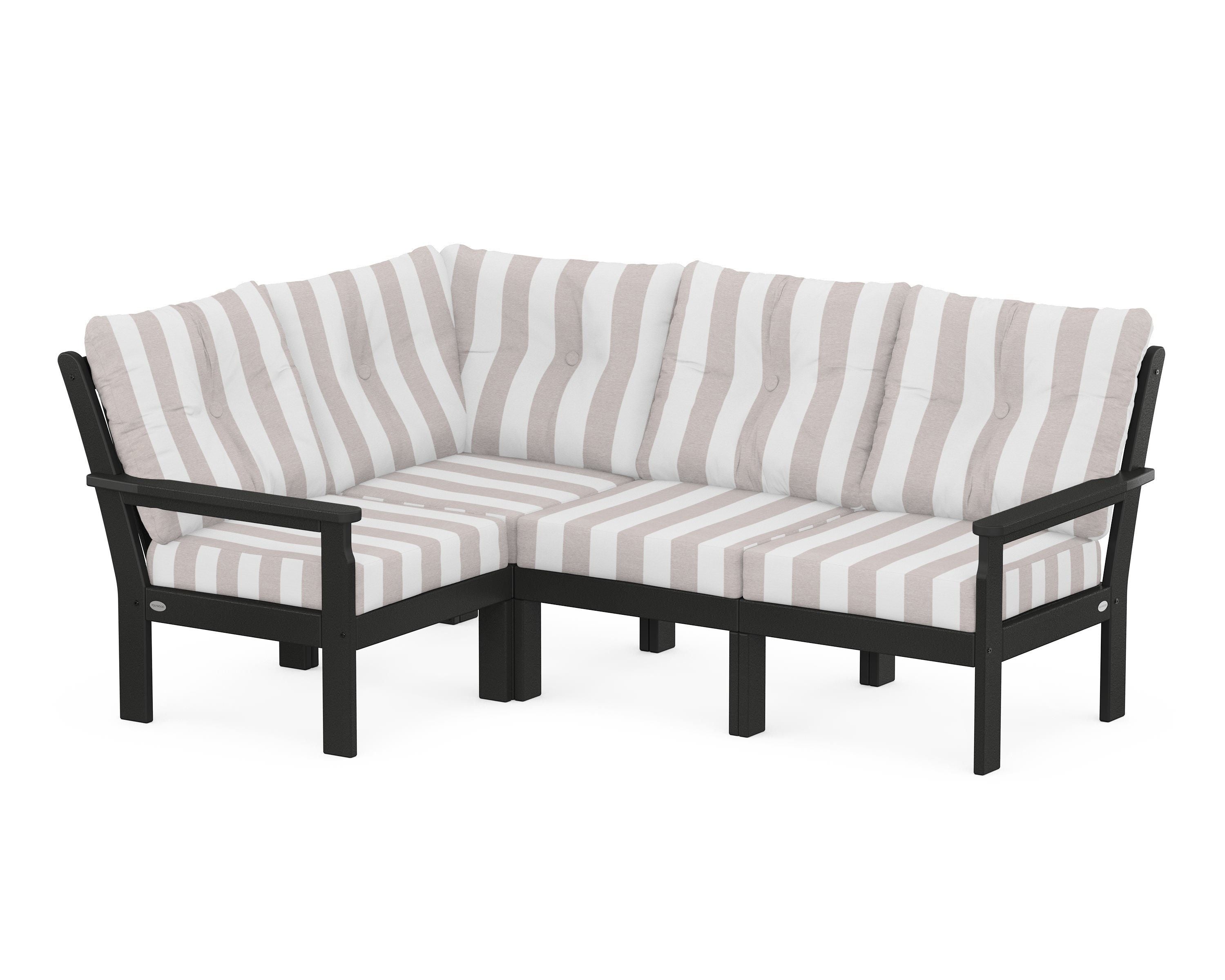 POLYWOOD® Vineyard 4-Piece Sectional in Black / Cabana Stripe Dune Burlap