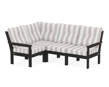 POLYWOOD® Vineyard 4-Piece Sectional in Black / Cabana Stripe Dune Burlap
