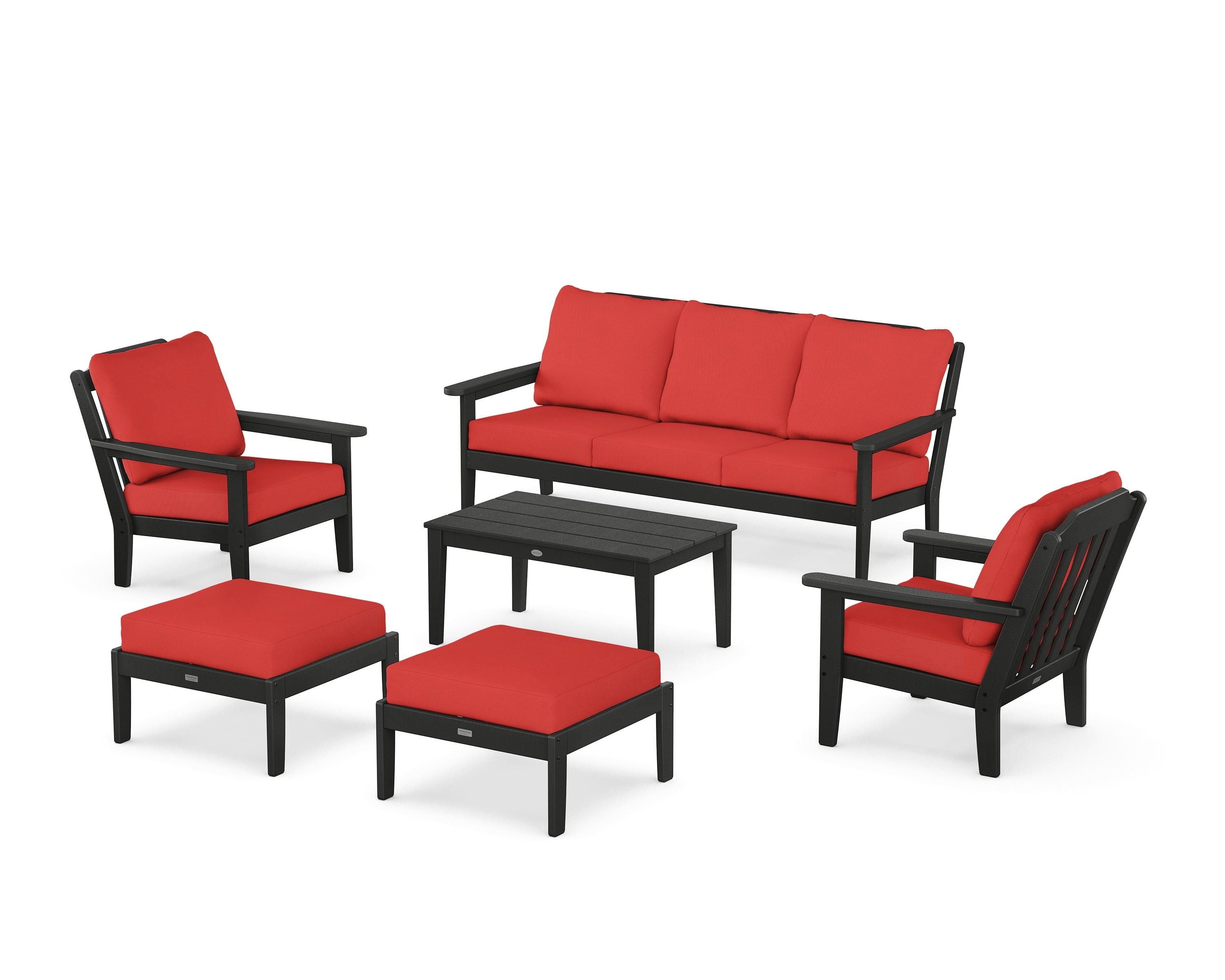 Country Living Cottage 6-Piece Lounge Sofa Set in Black / Crimson Linen