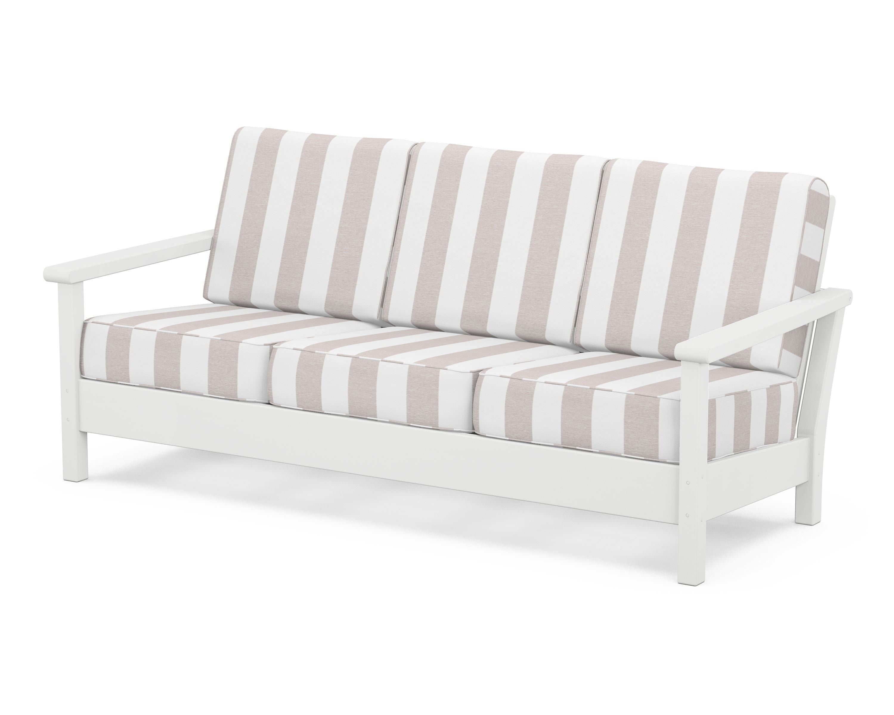 POLYWOOD® Harbour Deep Seating Sofa in White / Cabana Stripe Dune Burlap