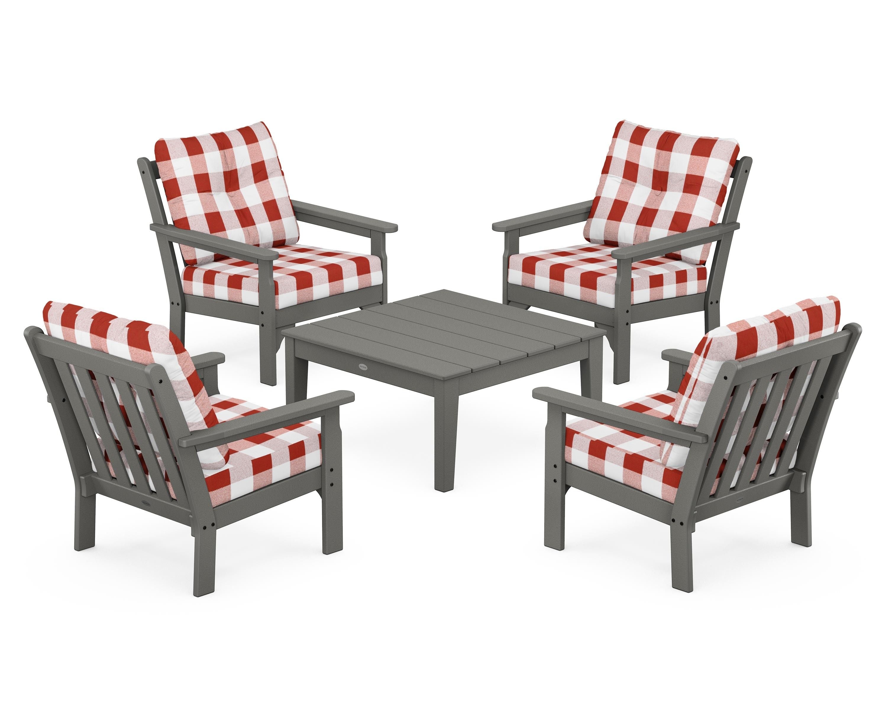 POLYWOOD® Vineyard 5-Piece Deep Seating Conversation Set in Slate Grey / Buffalo Plaid Crimson